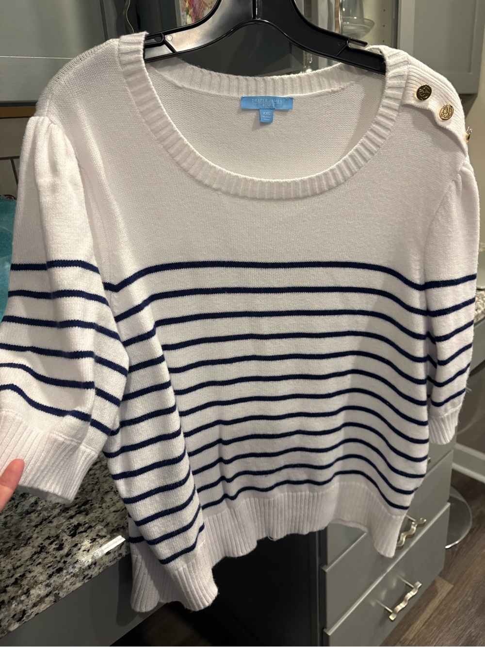 Draper James Navy Blue Stripe White Women's Sweater with Shoulder Buttons